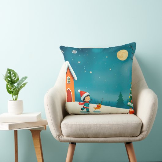 Winterlandschaft mit Kind, Rentier, Weihnachtsbaum Kissen (Stuhl )