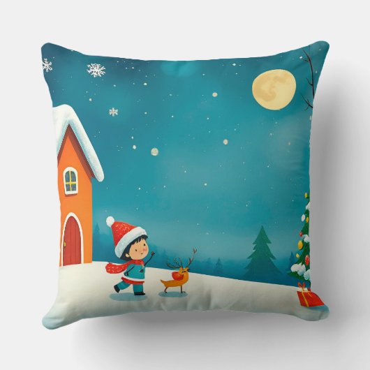 Winterlandschaft mit Kind, Rentier, Weihnachtsbaum Kissen (Rückseite)