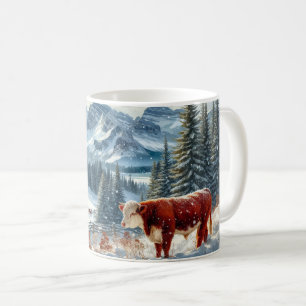 Winterlandschaft mit Kühen, die im Schnee grasen Kaffeetasse