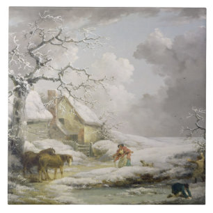 Winterlandschaft mit Männern Schneeballspiel und a Fliese