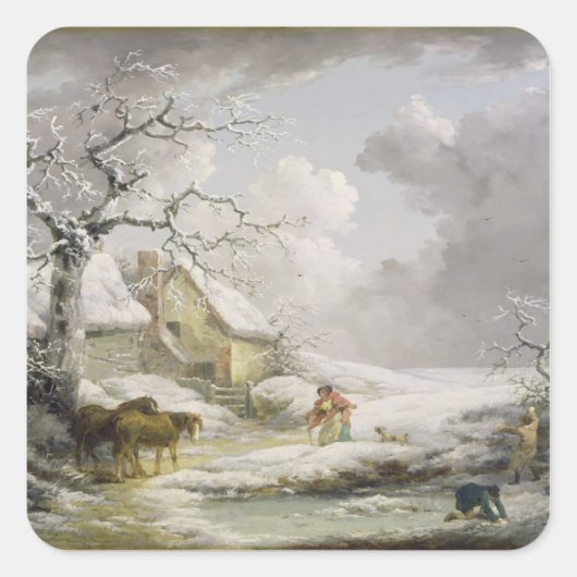 Winterlandschaft mit Männern Schneeballspiel und a Quadratischer Aufkleber (Vorderseite)