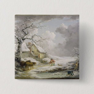 Winterlandschaft mit Männern Schneeballspiel und  Button