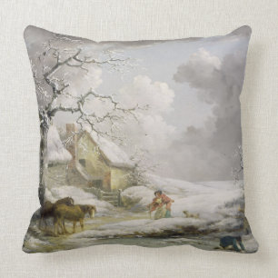 Winterlandschaft mit Männern Schneeballspiel und  Kissen