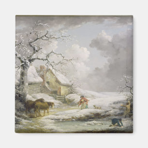 Winterlandschaft mit Männern Schneeballspiel und Magnet