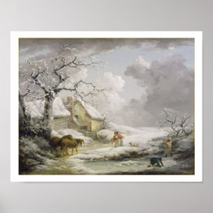 Winterlandschaft mit Männern Snowballspielen und A Poster