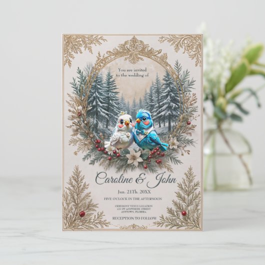 Winterlandschaft mit niedlichem Vogelhochzeitpaar. Einladung (Stehend Vorderseite)