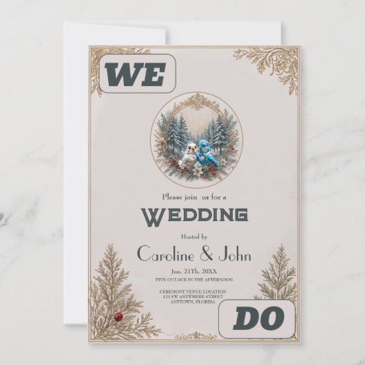 Winterlandschaft mit niedlichem Vogelhochzeitpaar. Einladung (Vorderseite)