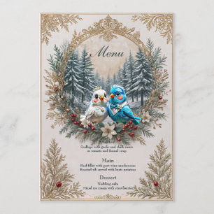 Winterlandschaft mit niedlichem Vogelhochzeitpaar. Menükarte