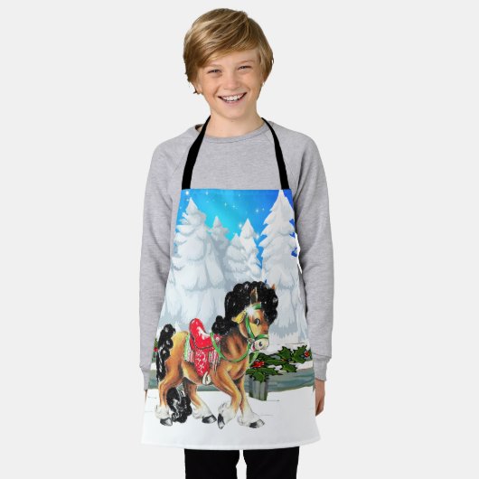 Winterlandschaft mit Pferd und Zaun frohe Weihnach Schürze (Getragen)