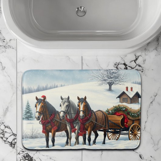 Winterlandschaft mit Pferden und Hütten Badematte