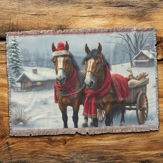Winterlandschaft mit Pferden und Hütten Decke