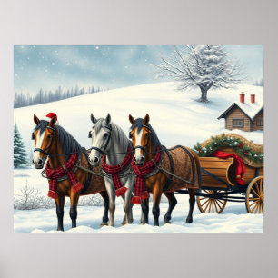 Winterlandschaft mit Pferden und Hütten Poster