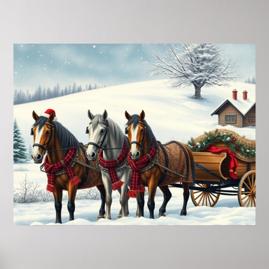 Winterlandschaft mit Pferden und Hütten Poster (Vorne)
