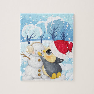 Winterlandschaft mit Pinguin und Schneemann-Kinder Puzzle