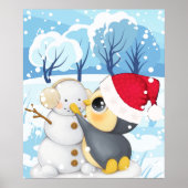 Winterlandschaft mit Pinguin und Schneemann Poster (Vorne)