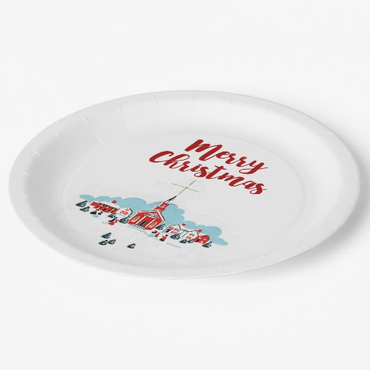 Winterlandschaft mit Roter Kirche und Weihnachtsst Pappteller (Schrägansicht)