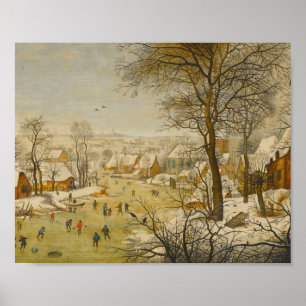 Winterlandschaft mit Schlittschuhläufern und Vogel Poster