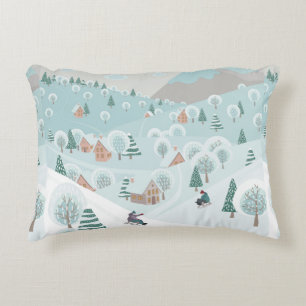 Winterlandschaft mit Schnee, Bäumen und Kindern au Dekokissen