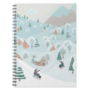 Winterlandschaft mit Schnee, Bäumen und Kindern au Notizblock