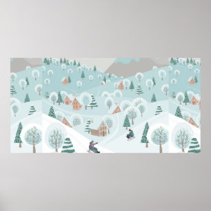 Winterlandschaft mit Schnee, Bäumen und Kindern au Poster