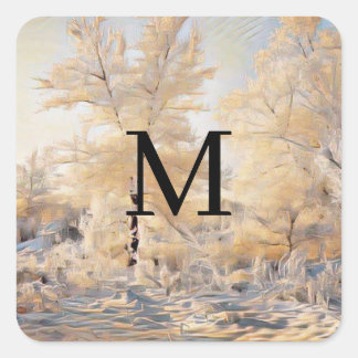Winterlandschaft mit verschneiten Bäumen Aquarell Quadratischer Aufkleber