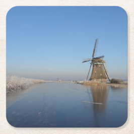 Winterlandschaft mit Windmühle und Eis Rechteckiger Pappuntersetzer