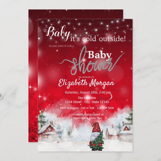 Winterlandschaft Niedlich Gnome Rot Einladung (Vorne/Hinten)