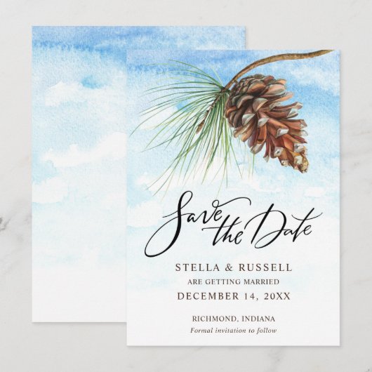 Winterlandschaft Pinecone Wasserfarbe Save the Dat (Vorne/Hinten)