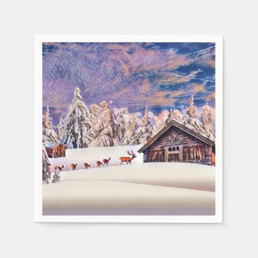 Winterlandschaft Rentier und Blockhütte Wasserfarb Serviette (Vorderseite)