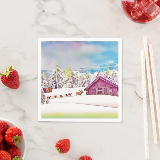 Winterlandschaft Rentier und Blockhütte Wasserfarb Serviette (Beispiel)