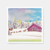 Winterlandschaft Rentier und Blockhütte Wasserfarb Serviette (Vorderseite)