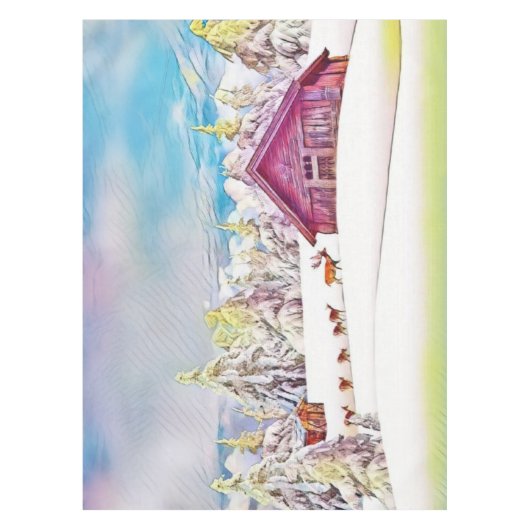 Winterlandschaft Rentier und Blockhütte Wasserfarb Tischdecke (Vorderseite)