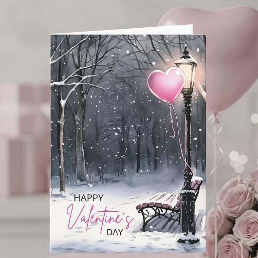Winterlandschaft – Rosa Herzen Frohen Valentinstag Karte