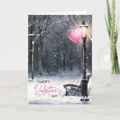 Winterlandschaft – Rosa Herzen Frohen Valentinstag Karte (Vorderseite)