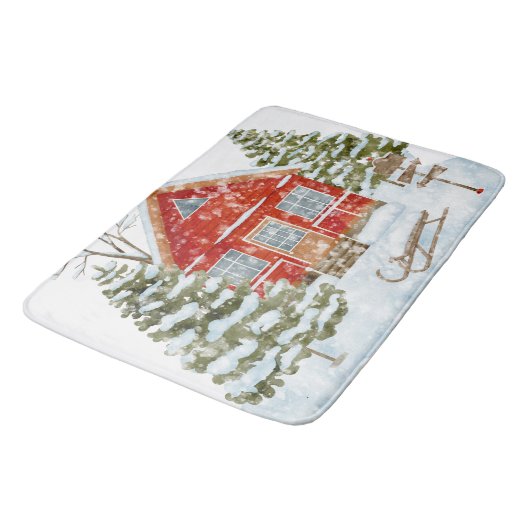 Winterlandschaft Rotes Haus Badematte (Schrägansicht)