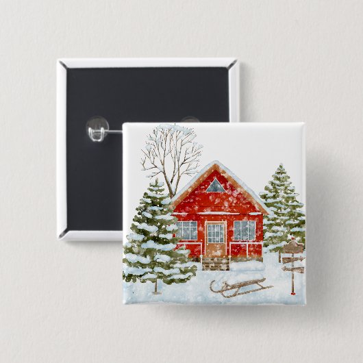 Winterlandschaft Rotes Haus Button (Vorne & Hinten)