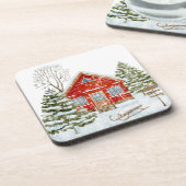 Winterlandschaft Rotes Haus Getränkeuntersetzer (Linke Seite)