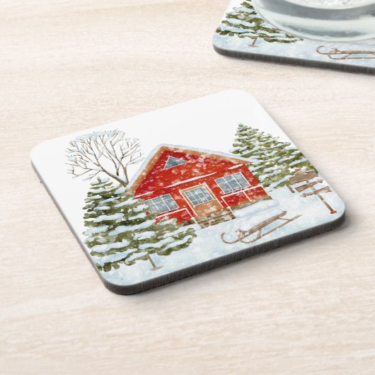 Winterlandschaft Rotes Haus Getränkeuntersetzer (Linke Seite)