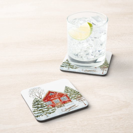 Winterlandschaft Rotes Haus Getränkeuntersetzer (Rechte Seite)