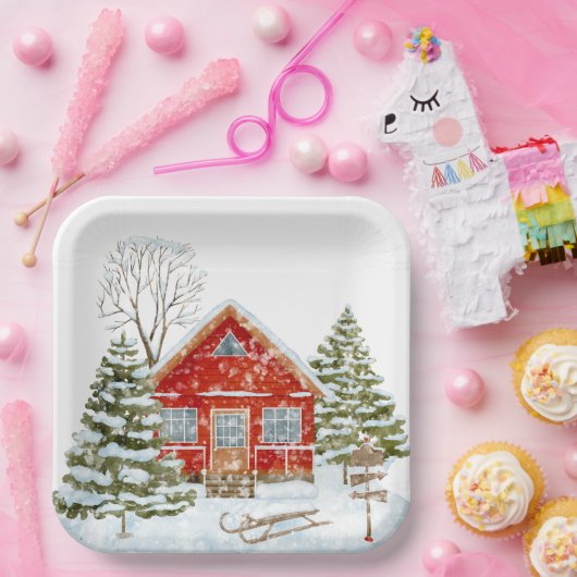 Winterlandschaft Rotes Haus Pappteller (Party)