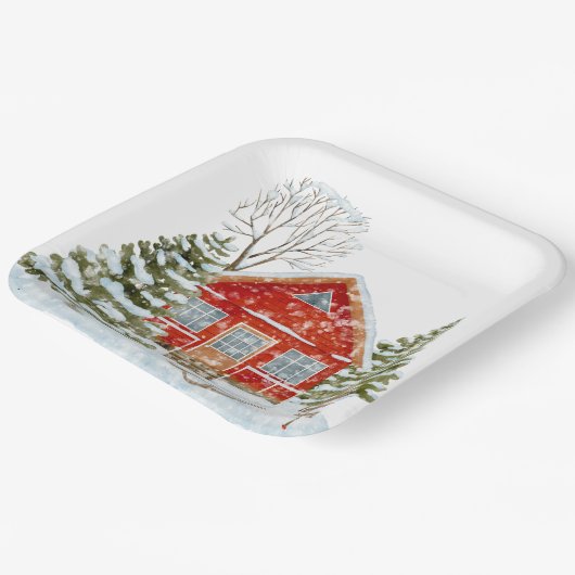 Winterlandschaft Rotes Haus Pappteller (Gewinkelt)
