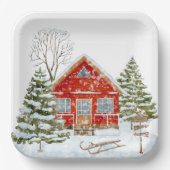 Winterlandschaft Rotes Haus Pappteller (Vorderseite)