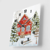 Winterlandschaft Rotes Haus Quadratische Wanduhr (Winkel)