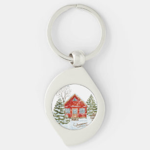 Winterlandschaft Rotes Haus Schlüsselanhänger