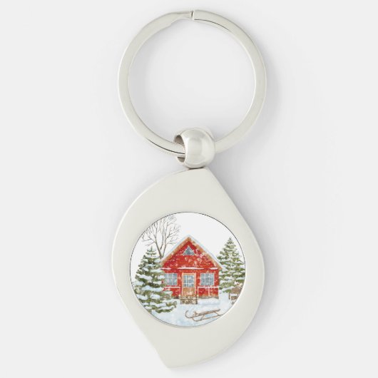 Winterlandschaft Rotes Haus Schlüsselanhänger (Vorderseite)