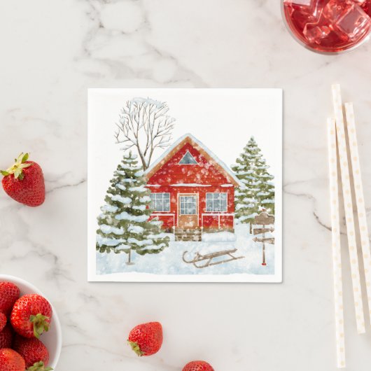 Winterlandschaft Rotes Haus Serviette (Beispiel)