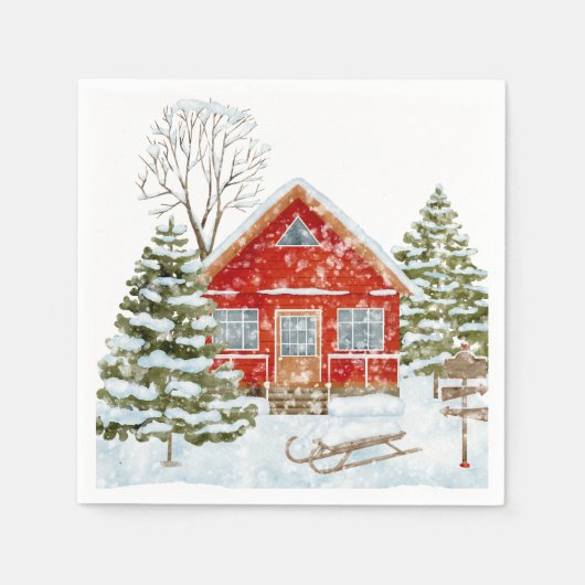 Winterlandschaft Rotes Haus Serviette (Vorderseite)