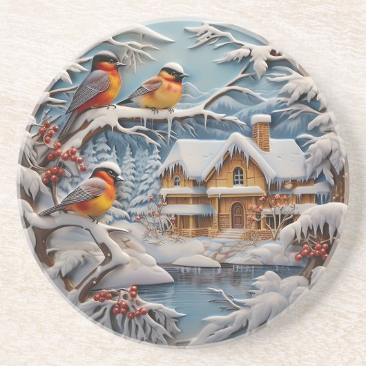 Winterlandschaft, Schnee, farbenfrohe Vögel Getränkeuntersetzer (Vorne)