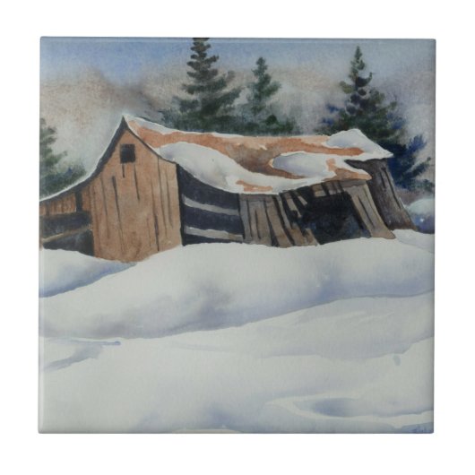 Winterlandschaft schneebedeckte Scheune Tile Fliese (Vorderseite)