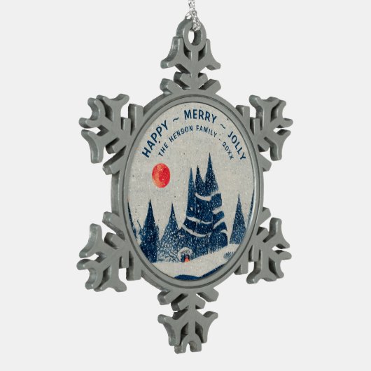 Winterlandschaft Schneewald Familie Moon Schneeflocken Zinn-Ornament (Links)